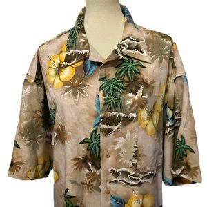 Vintage 1990s KOMAN Sport Hawaiian Shirt Windsurfer Palm Tree Hibiscus Waves XXL